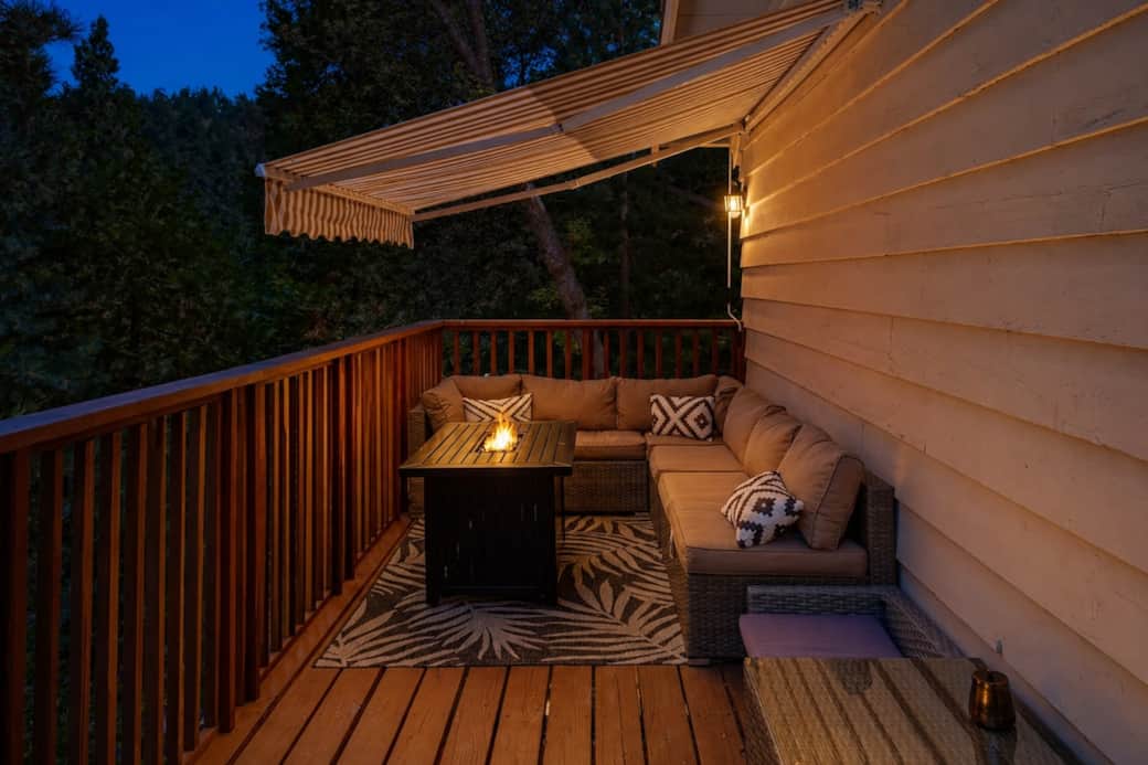 Stretch out on the comfy sectional and enjoy the warmth of the fire pit table. Stretch out on the comfy sectional and enjoy the warmth of the fire pit table.