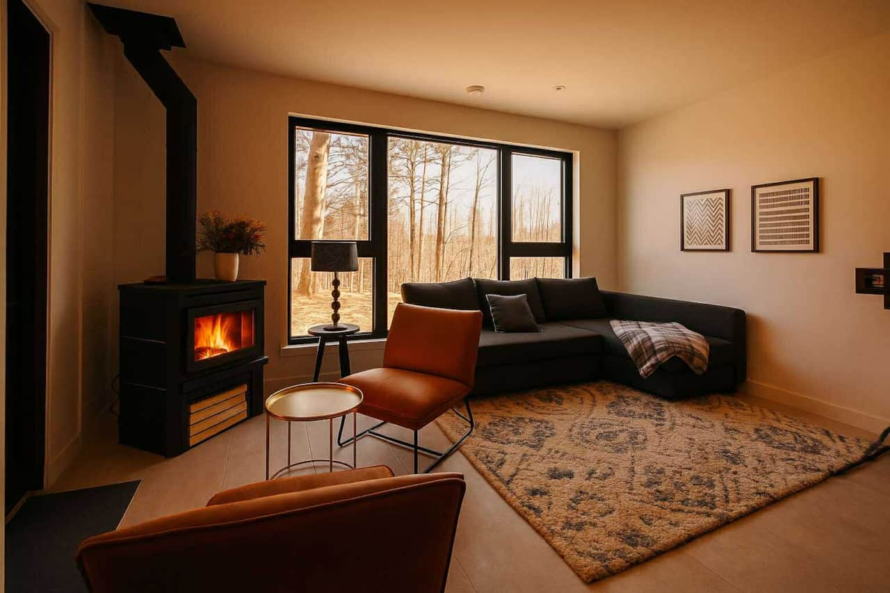 Salon avec foyer au bois
