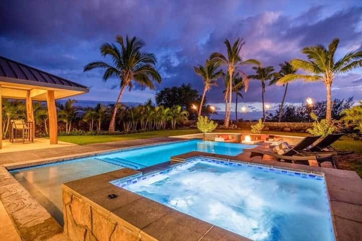 Private heated pool and hot tub with sunset and golf course views