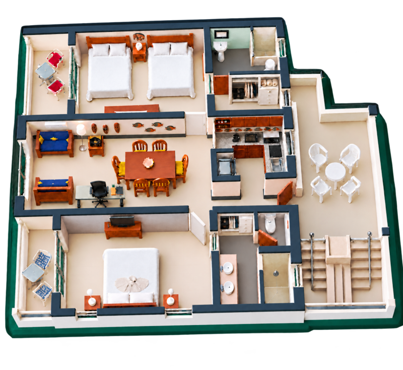 3D floor plan of Casa Milo, the two-bedroom upstairs apartment