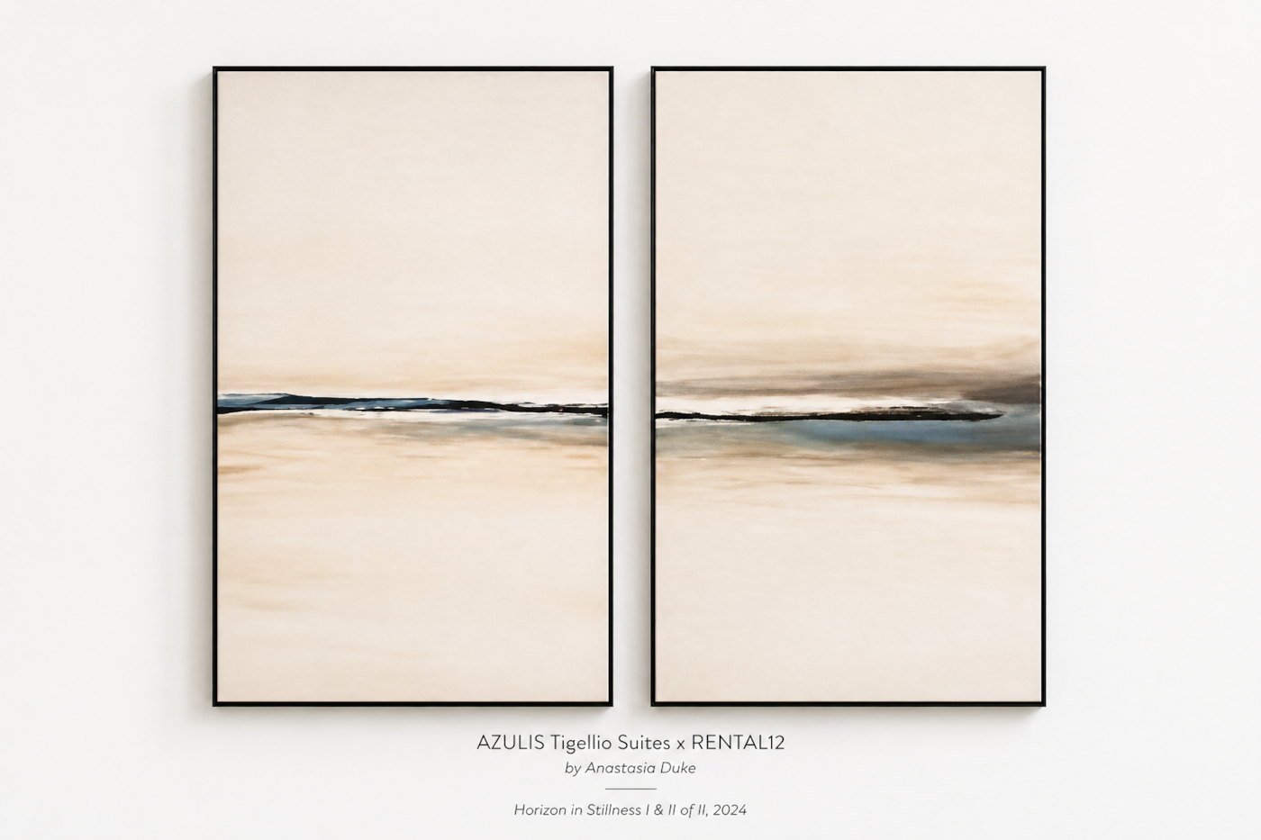 Horizon in Stillness diptych by Anastasia Duke — two framed panels in blue, grey, black and beige hung together at AZULIS Tigellio Suites in Olbia, Sardinia, the most photographed painting in the RENTAL12 collection