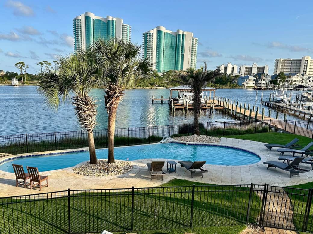 Beautiful pool with view overlooking Cotton Bayou.  Please note this pool is shared with 2 other neighbors.  You must swim at your own risk.  